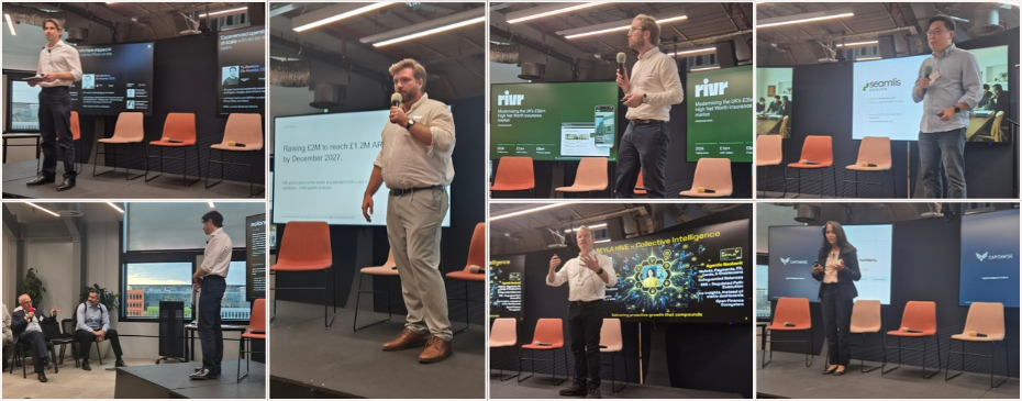 A collage of images of people presenting on stage